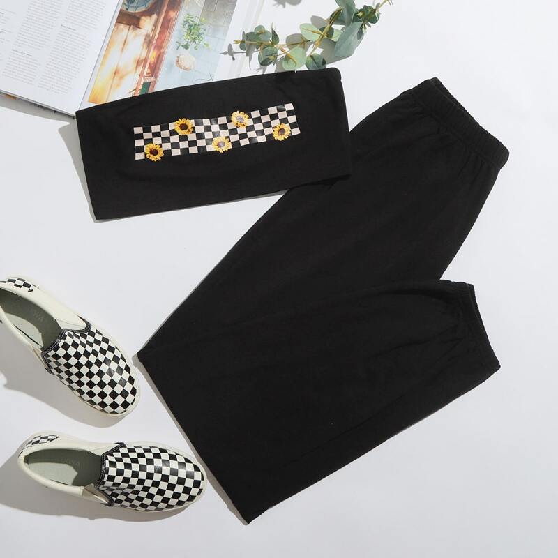 

Sunflower Print Tube Top & Pants, Black