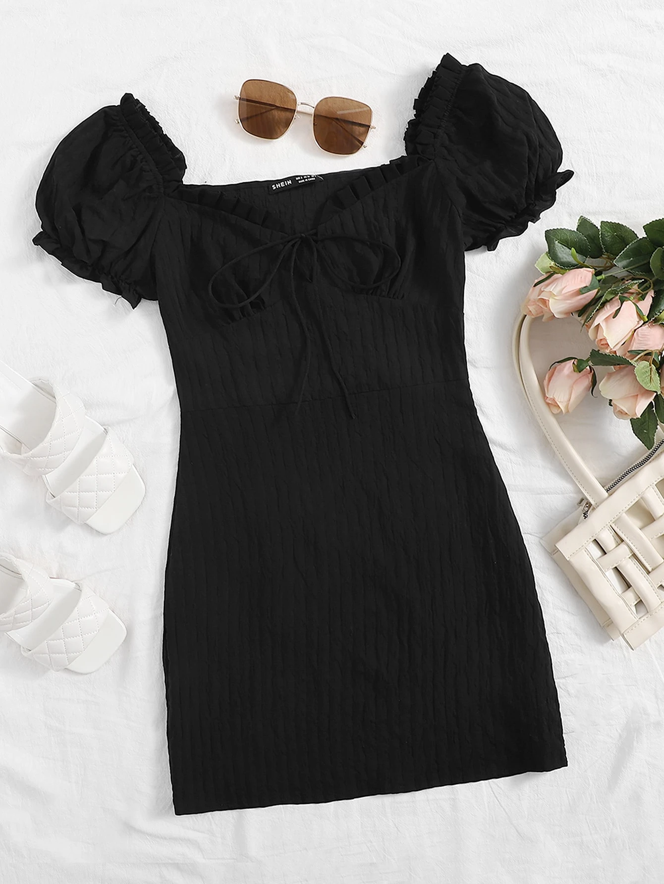 Shein frill trim tie front crinkle dress Clearance