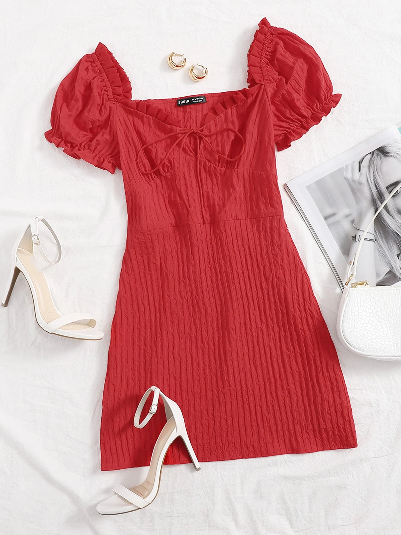 Shein frill trim tie front crinkle dress Clearance