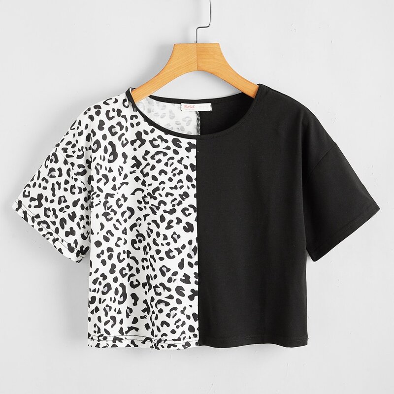 

Colorblock Leopard Crop Tee, Black and white