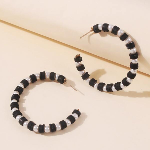 

Faux Pearl Beaded Cuff Hoop Earrings, Black