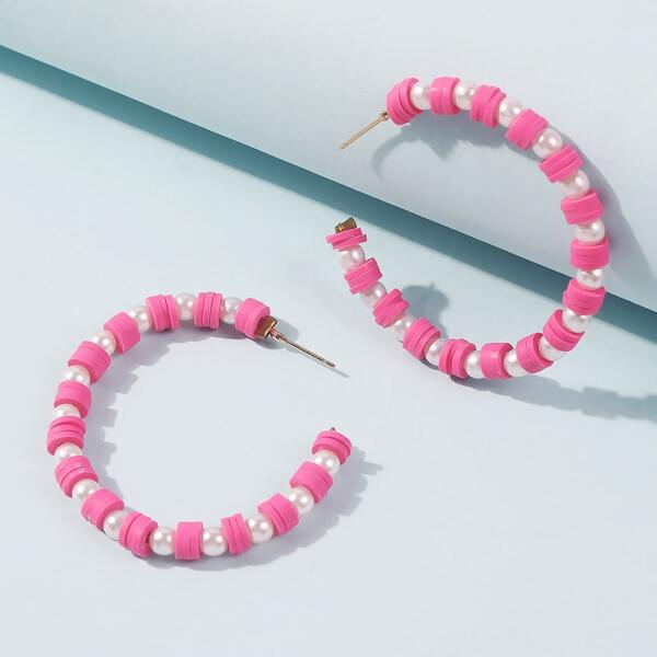 

Faux Pearl Beaded Cuff Hoop Earrings, Hot pink