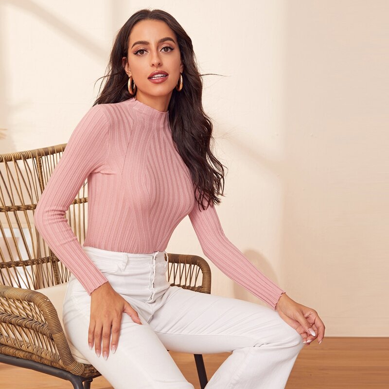 

Solid Lettuce Trim Mock Neck Sweater, Coral pink