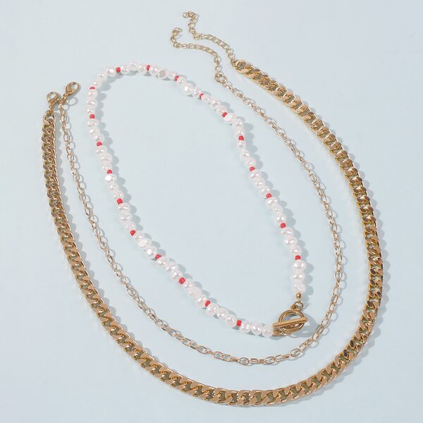 

3pcs Faux Pearl Beaded Necklace, Gold