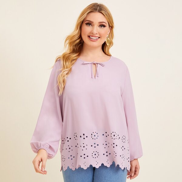 

Plus Tie Neck Laser Cut Out Blouse, Baby pink