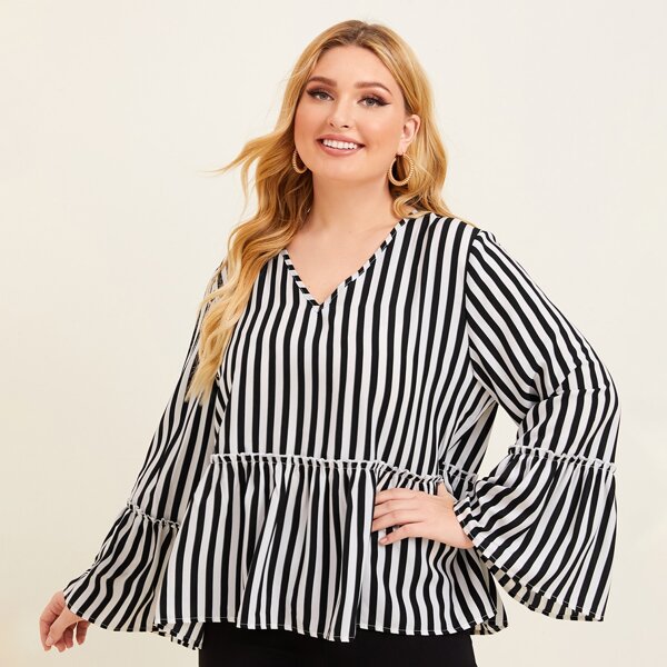 

Plus Vertical Striped Flounce Sleeve Peplum Blouse, Black and white
