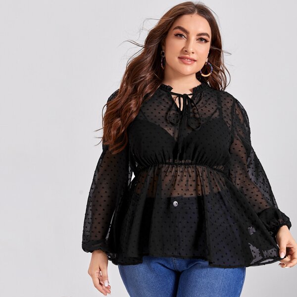 

Plus Tie Neck Swiss Dot Sheer Blouse Without Bra, Black