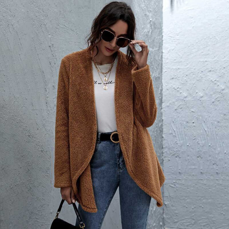 

Open Front Asymmetrical Hem Teddy Coat, Brown
