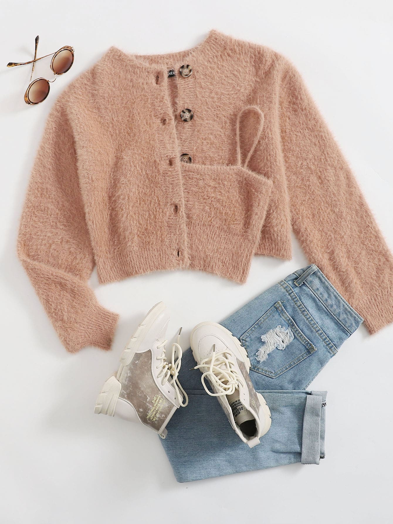 Button Front Fuzzy Knit Cardigan With Cami thumbnail