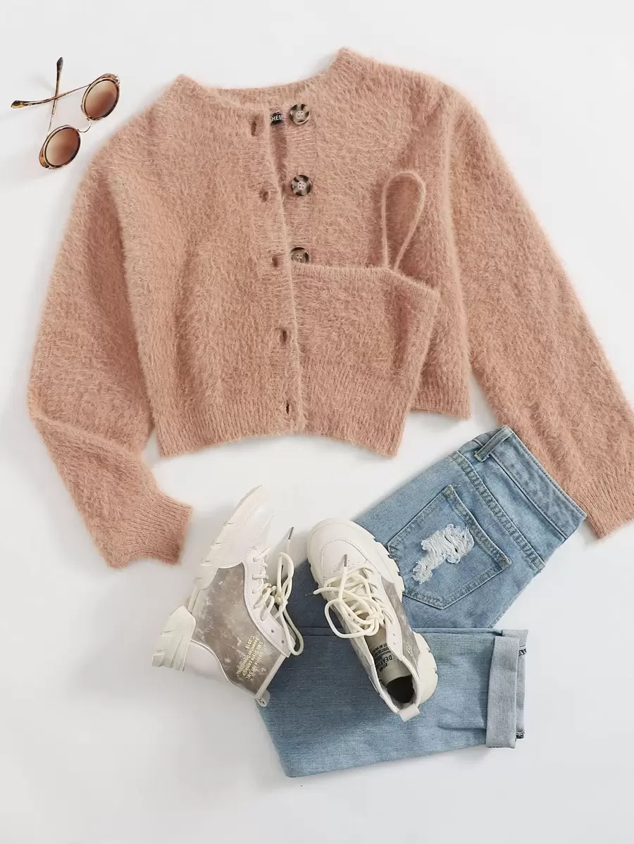 SHEIN MOD Button Front Fuzzy Knit Cardigan With Cami - Baby Pink - View 1