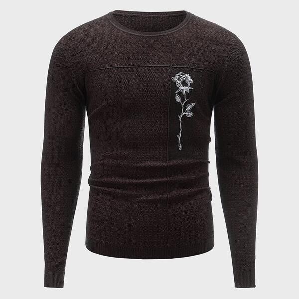 

Men Flower Embroidered Round Neck Sweater, Purple