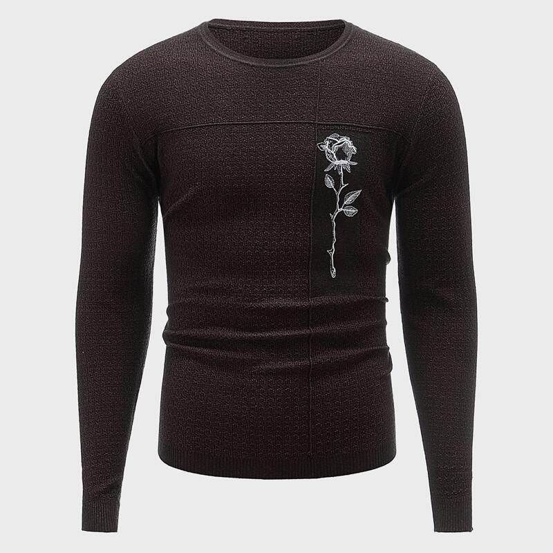 

Guys Flower Embroidered Round Neck Sweater, Purple