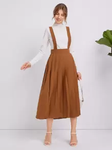 SHEIN Solid Pleated Suspender Skirt - Camel - View 1