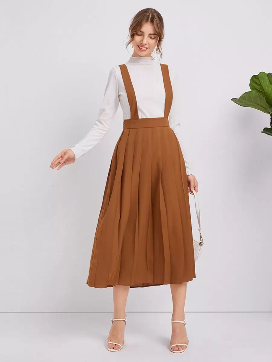 SHEIN Solid Pleated Suspender Skirt - Camel - View 1