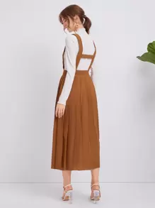 SHEIN Solid Pleated Suspender Skirt - Camel - View 2