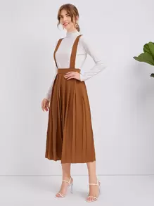 SHEIN Solid Pleated Suspender Skirt - Camel - View 3