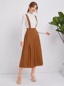 SHEIN Solid Pleated Suspender Skirt - Camel - View 4