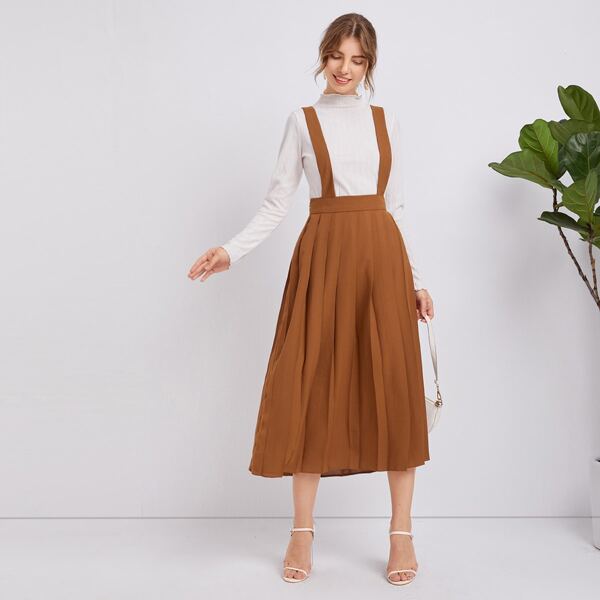 

Solid Pleated Suspender Skirt, Camel