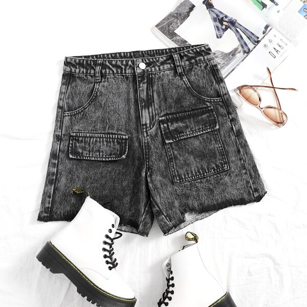 

Ripped Hem Denim Shorts, Black