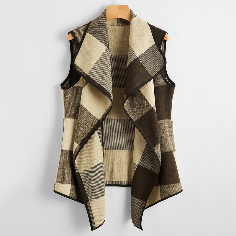 

Waterfall Collar Buffalo Plaid Vest Coat, Multicolor