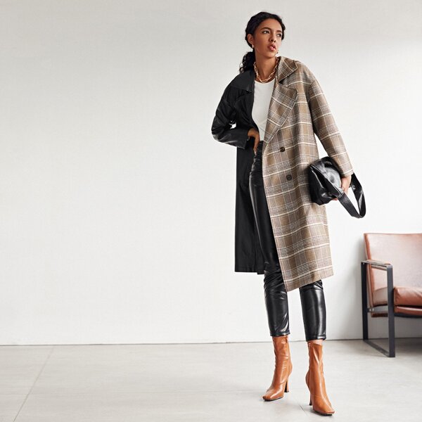 

Drop Shoulder Double-breasted Plaid Spliced PU Leather Coat, Multicolor