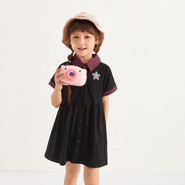 

Toddler Girls Contrast Tartan Plaid Star Embroidered Shirt Dress, Black