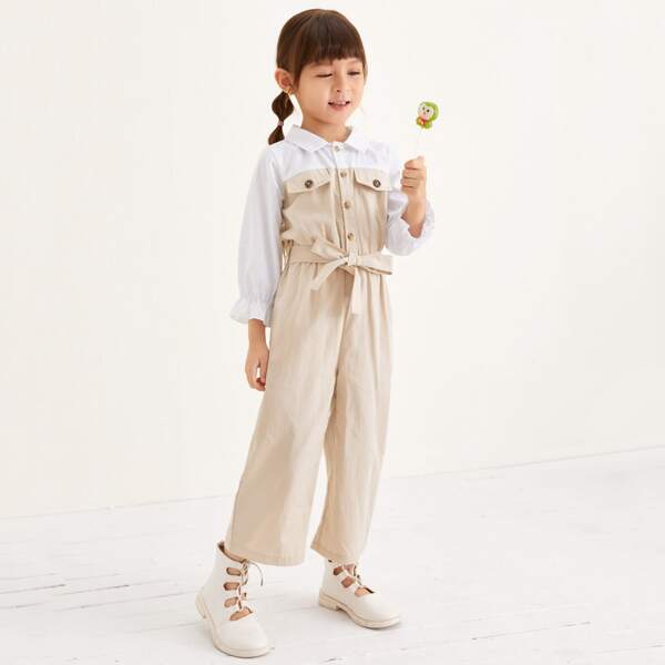 

Toddler Girls Button & Pocket Front Belted Jumpsuit, Apricot
