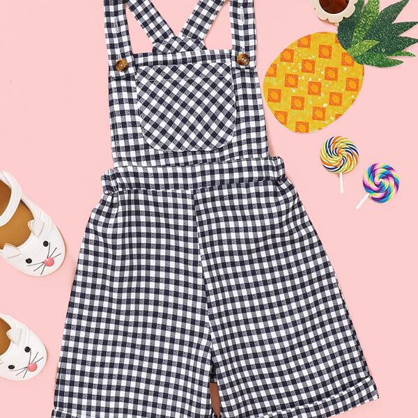 

Toddler Boys Gingham Print Pocket Patched Romper, Black and white