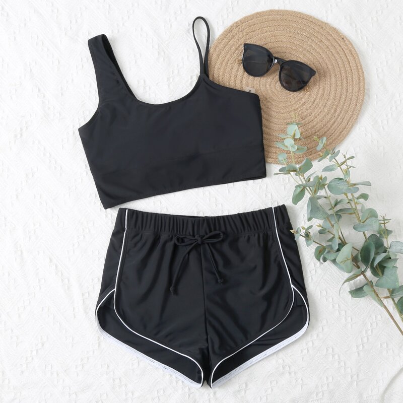

Plain Tie Front Shorts Bikini Swimsuit, Black