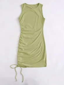 素色抽繩側包臀連衣裙 - 綠色 - 查看 3