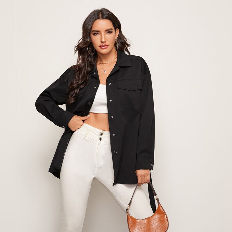

Drop Shoulder Flap Pocket Single Breasted Placket Belted Coat, Black
