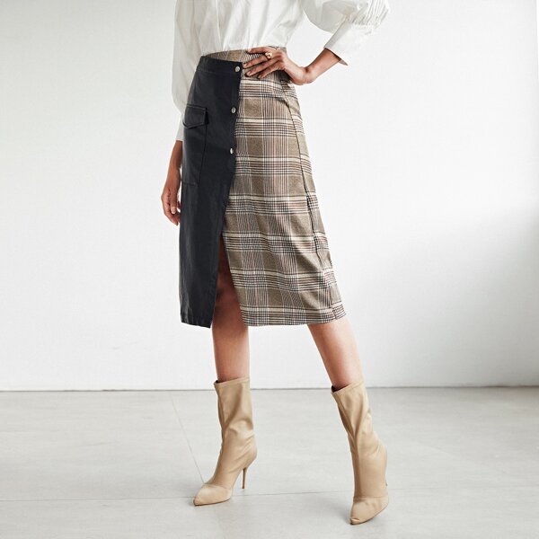 

Flap Pocket Button Front Plaid Spliced PU Leather Skirt, Multicolor