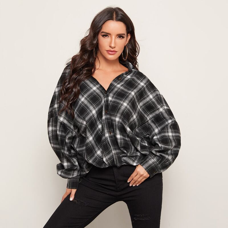 

Drop Shoulder Plaid Blouse, Black