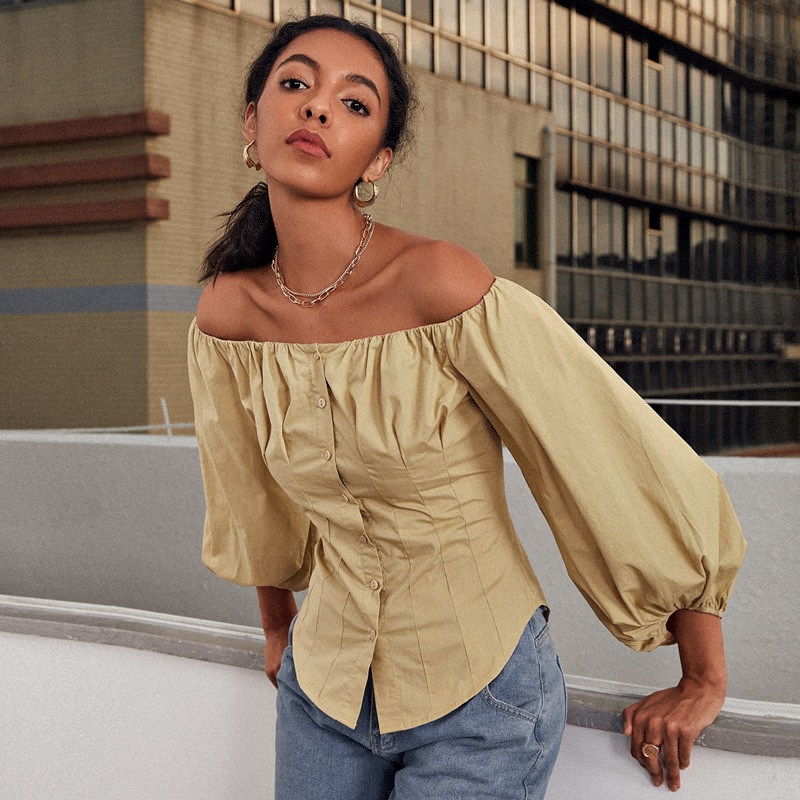 

Off Shoulder Lantern Sleeve Blouse, Khaki