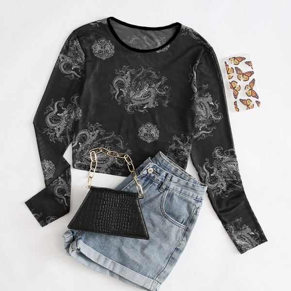 

Chinese Dragon Print Sheer Mesh Top, Black