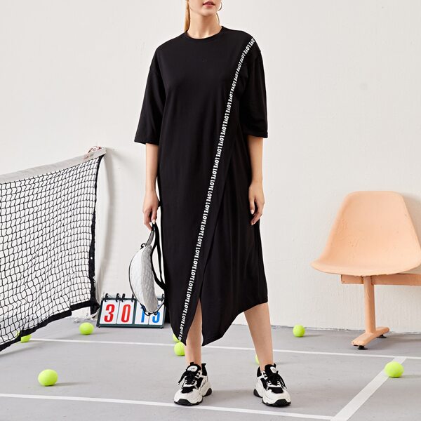 

Drop Shoulder Letter Tape Detail Wrap Hem Dress, Black