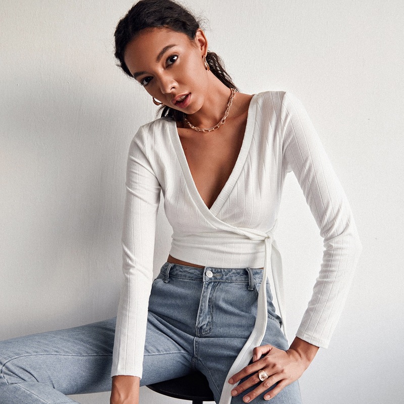 

Surplice Neck Tie Side Crop Top, White