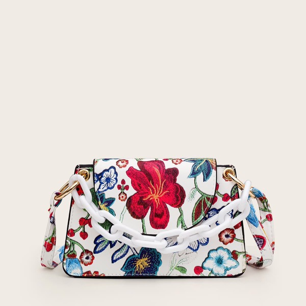 

Chain Handle Floral Satchel Bag, Multicolor