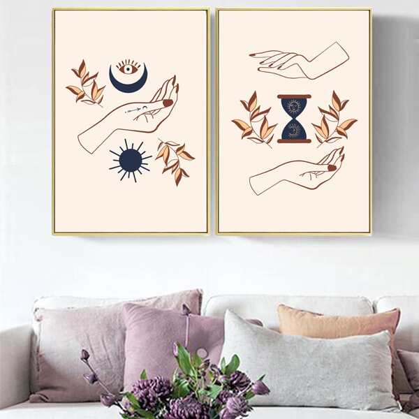 

2pcs Hand Print Wall Painting Without Frame, Multicolor