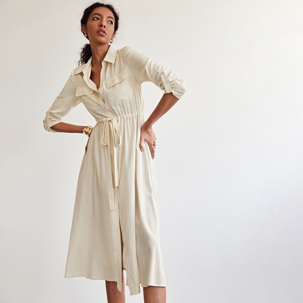 

Drawstring Waist Roll Up Sleeve Shirt Dress, Beige