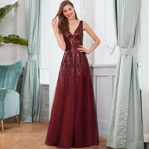 

Contrast Sequin Mesh Prom Dress, Burgundy
