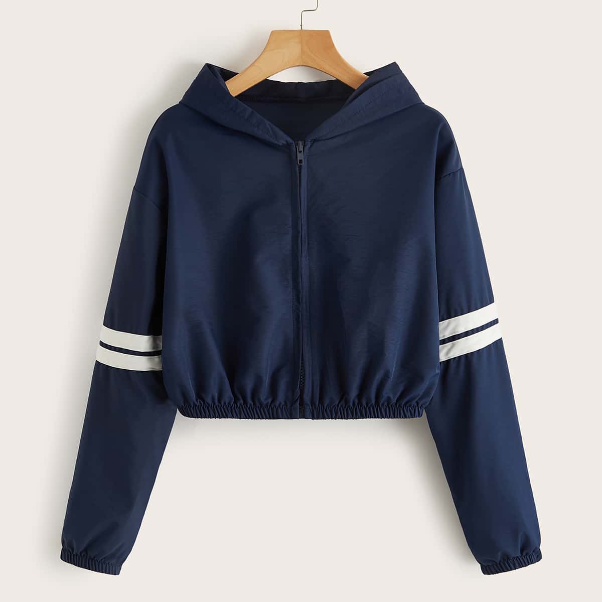 

Striped Sleeve Zip Up Hooded Jacket, Navy blue