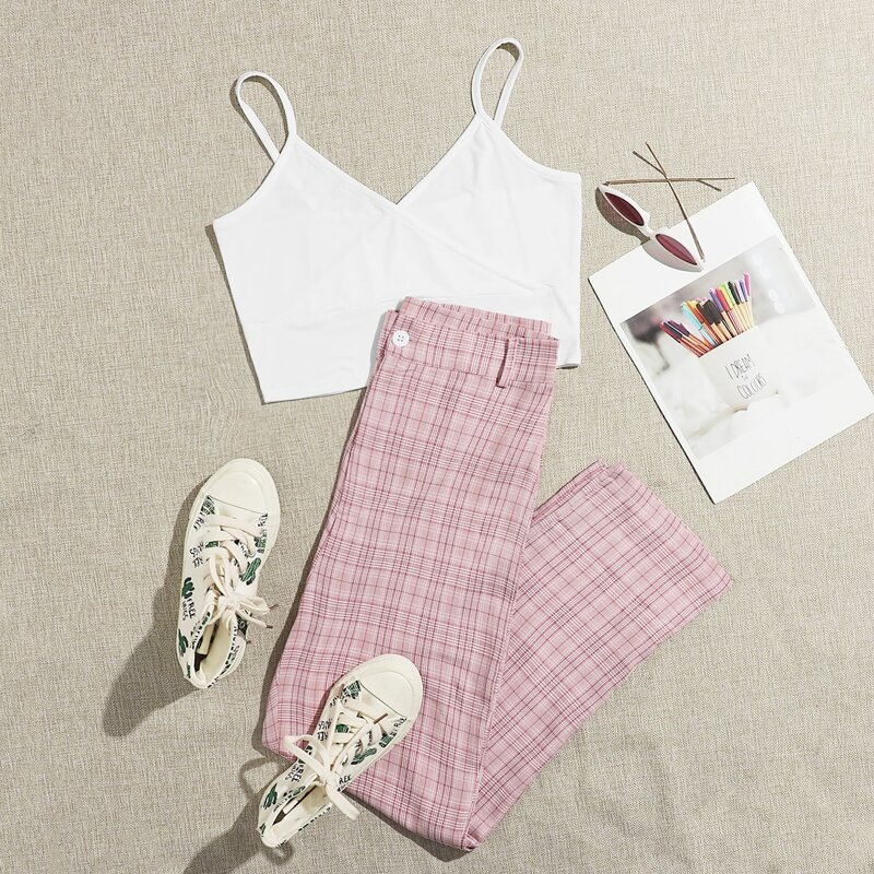 

Solid Crop Cami & Plaid Pants, Multicolor