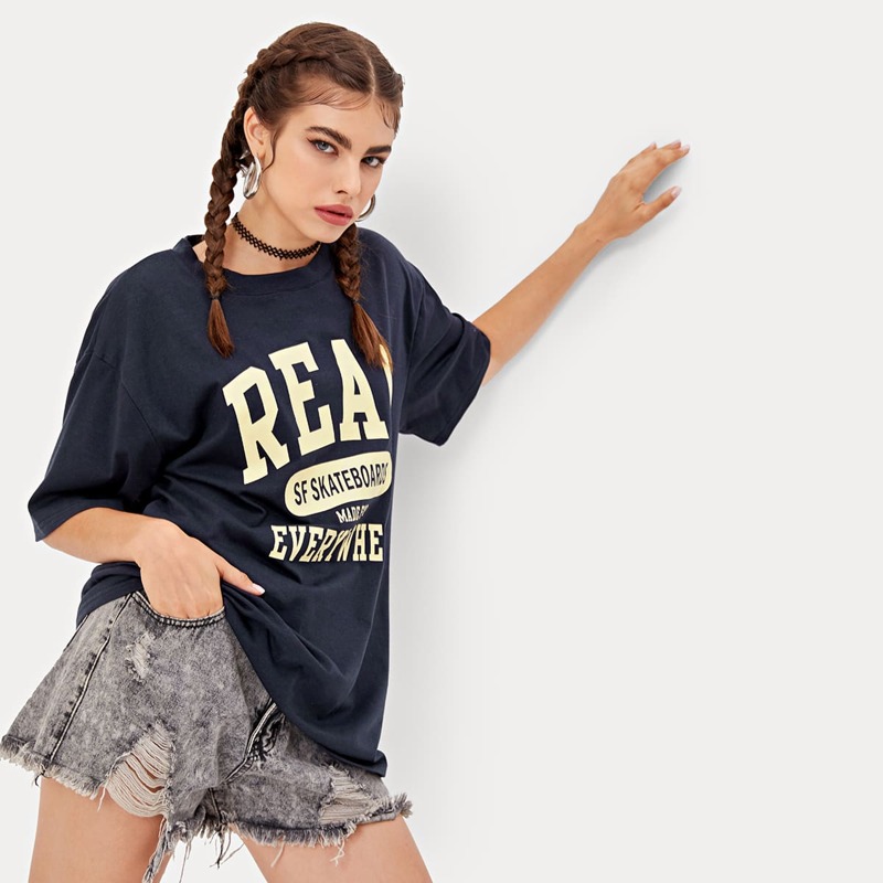 

Letter Graphic Oversized Tee, Navy blue