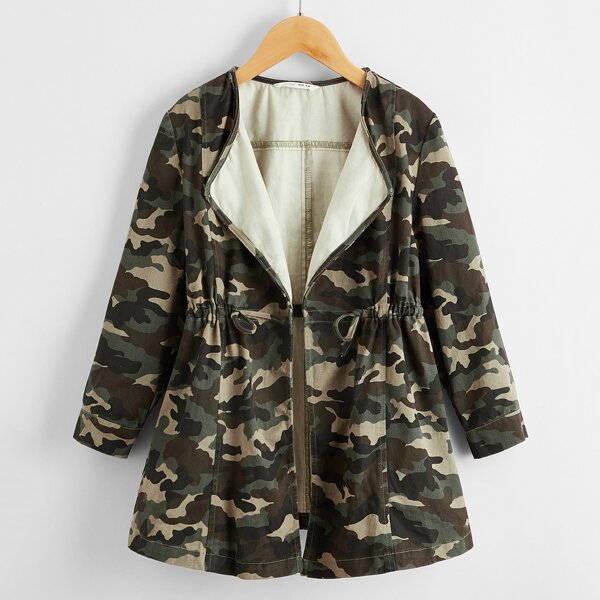 

Girls Drawstring Waist Camo Coat, Multicolor