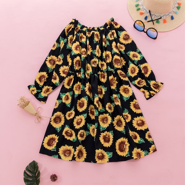 

Girls Allover Sunflower Print Flounce Sleeve Dress, Multicolor