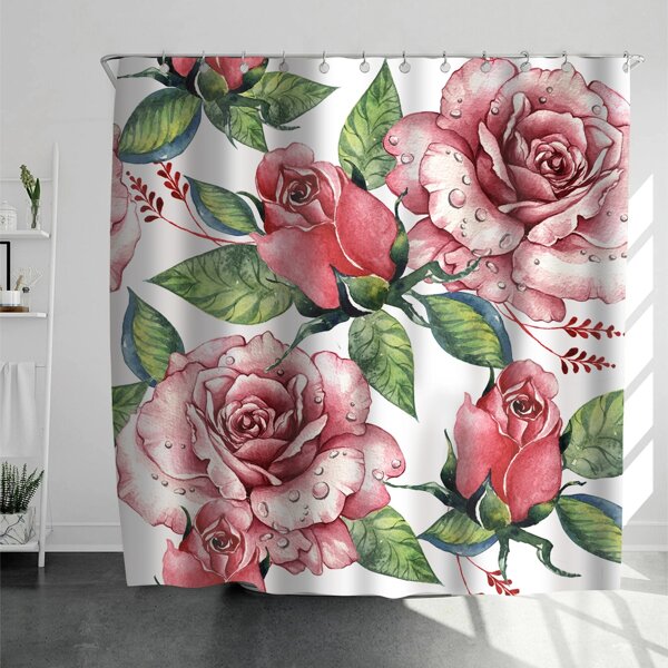 

Rose Print Shower Curtain With 12hooks, Multicolor