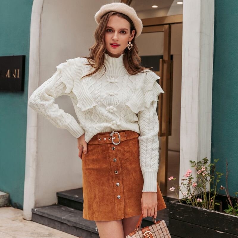 

High Neck Ruffle Trim Cable Knit Pom Pom Sweater, White