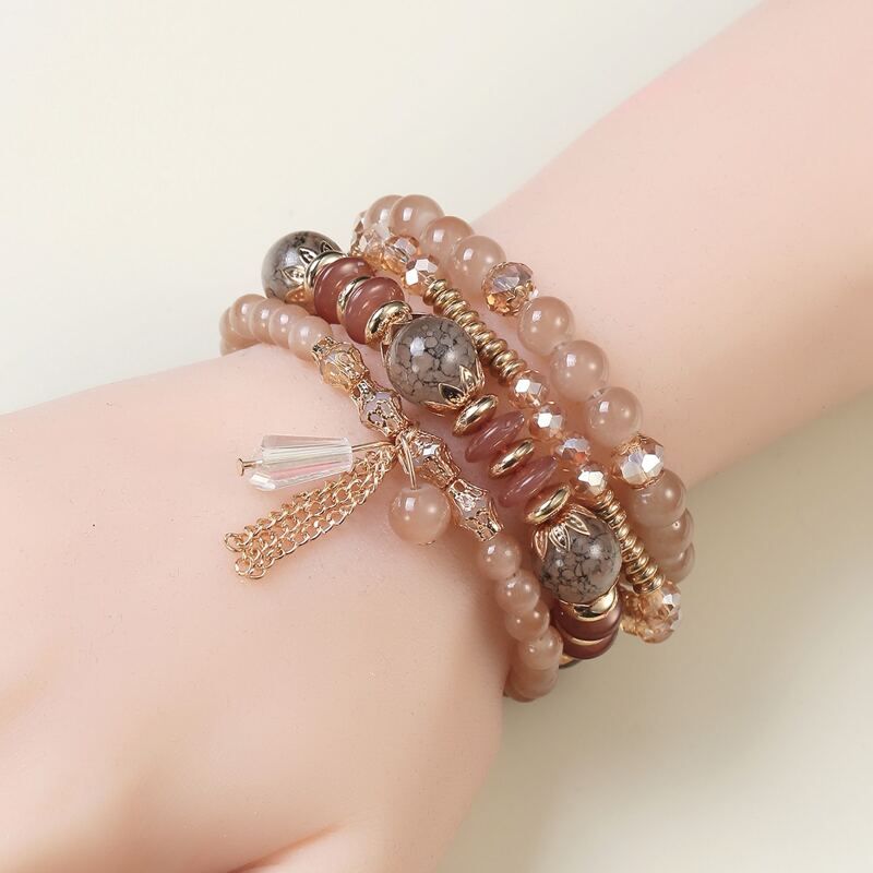 

4pcs Chain Tassel Decor Beaded Bracelet, Coffee brown