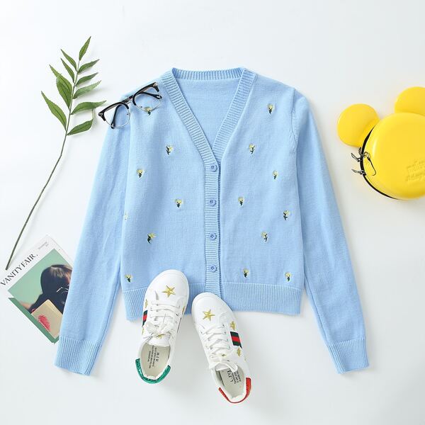 

Floral Embroidery Button Up Cardigan, Baby blue